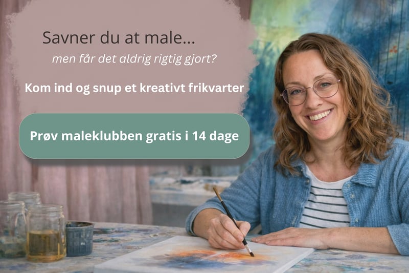 Få inspiration, øvelser og et støttende fælleskab i Online maleklubben. Prøv gratis i 14 dage uden binding.  Abstrakte malerier på kreativ frikvarter måden